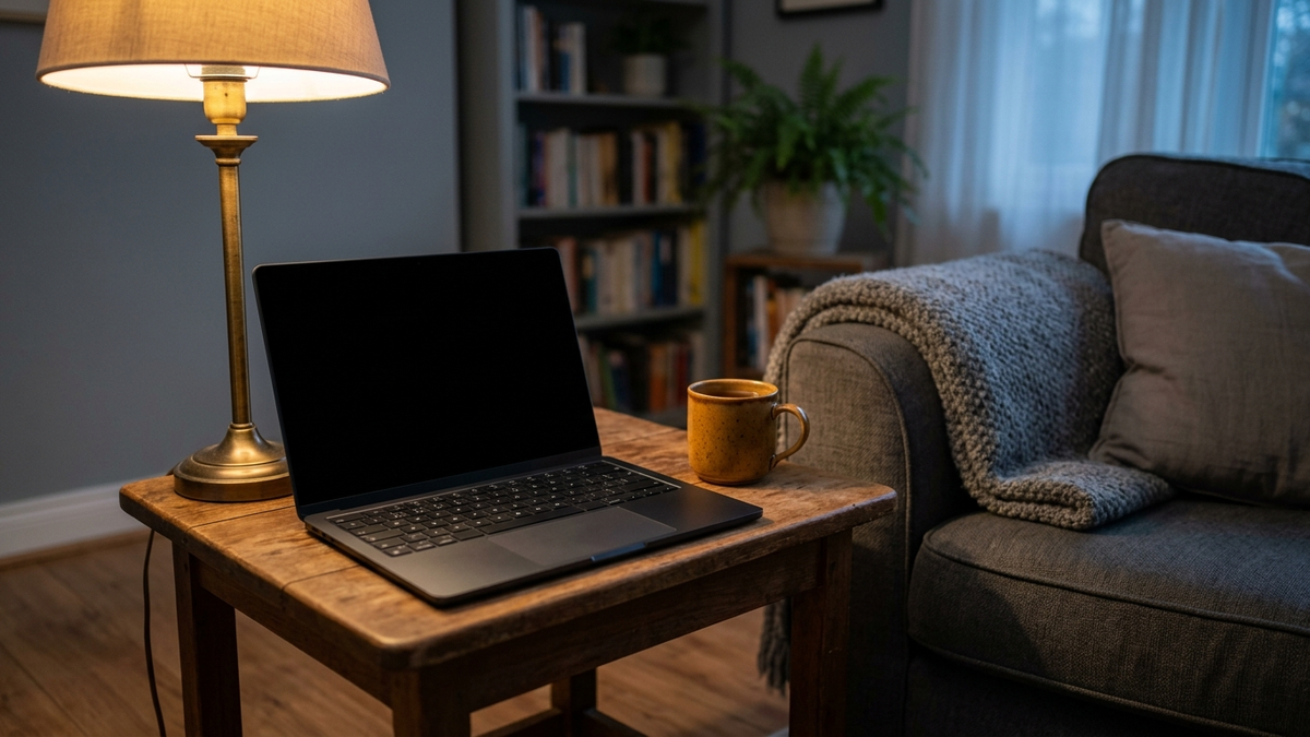 Illustration: ein flacher, schlichter Laptop ohne Logo liegt abends aufgeklappt auf einem kleinen Holztisch neben einem Sofa, der Bildschirm ist dunkel, daneben eine Tasse und eine Leselampe