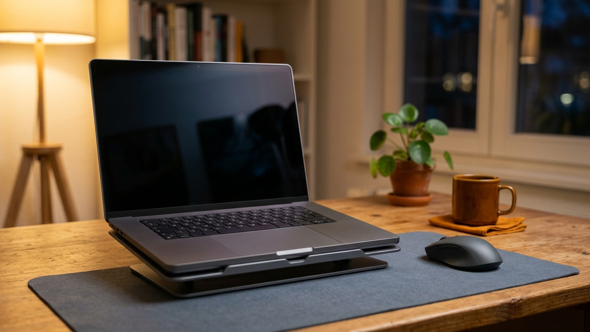 Illustration: ein größerer, schlichter Laptop ohne Logo steht abends auf einem aufgeräumten Schreibtisch auf einem flachen Laptopständer, daneben eine kabellose Maus, der Bildschirm ist dunkel