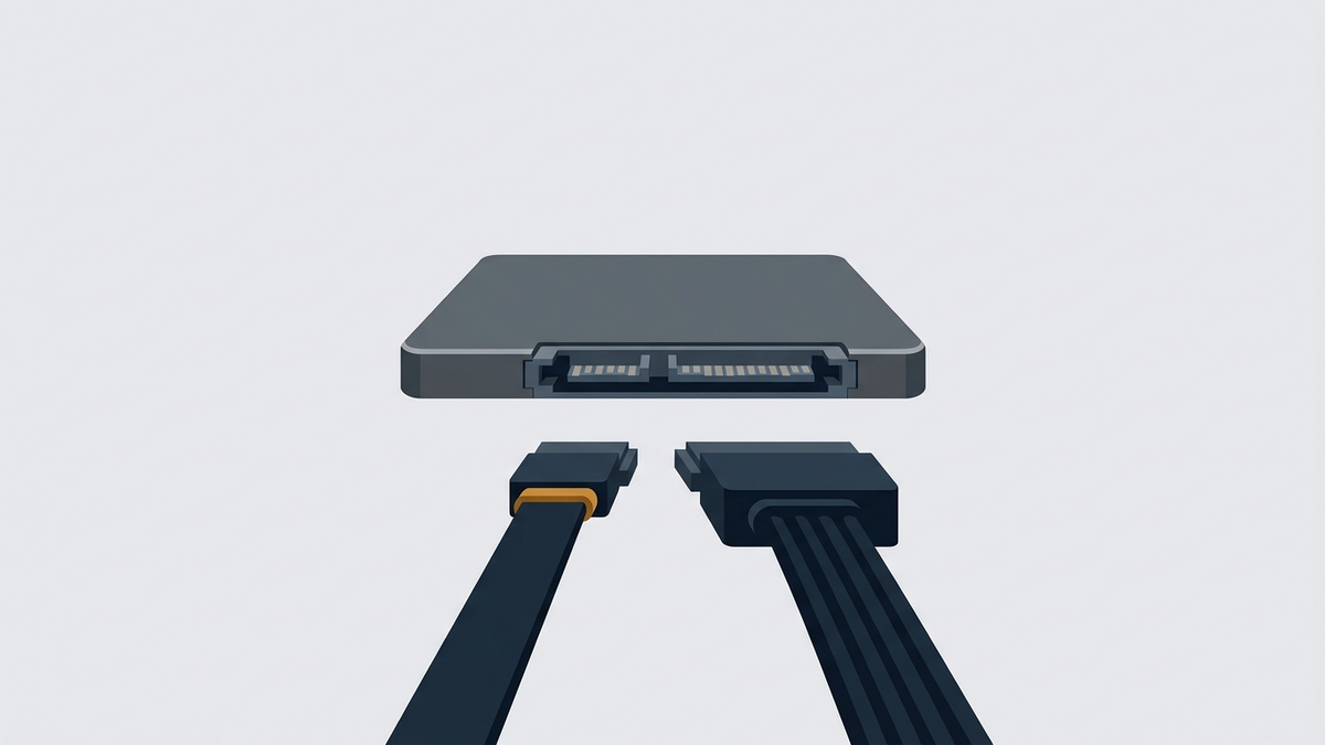 Illustration: eine flache 2,5-Zoll-SSD von der Anschlusskante her gesehen, davor liegen zwei lose Kabelenden, ein schmales flaches Datenkabel und ein breiteres Stromkabel mit größerem Stecker