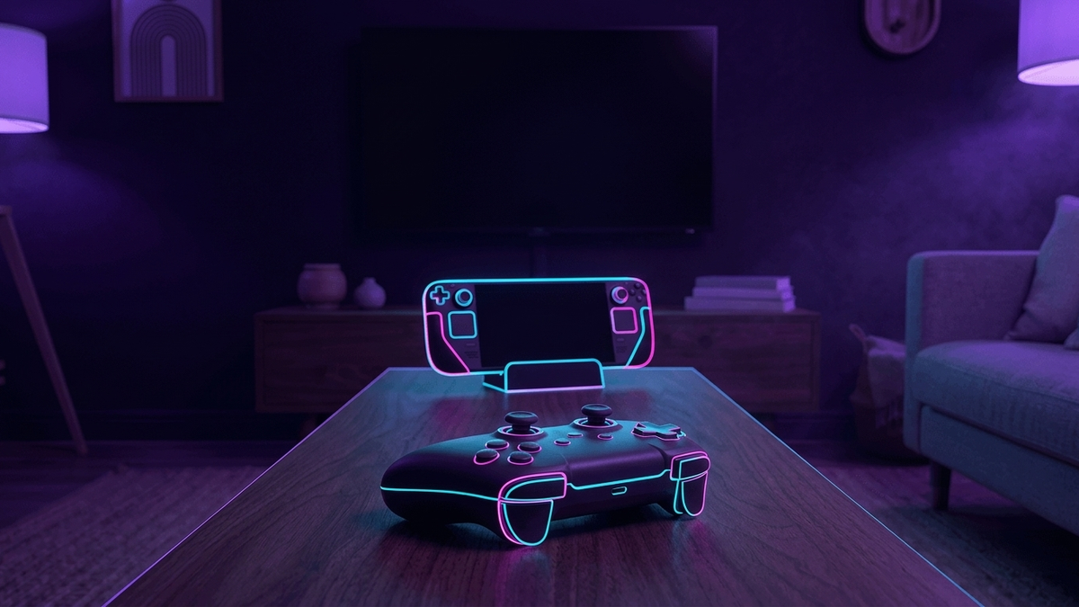 Illustration: eine tragbare Spielkonsole in einer Dockingstation unter einem Fernseher, davor ein kabelloses Gamepad auf einem Couchtisch