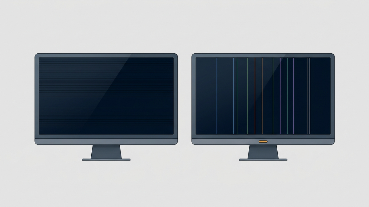 Illustration: zwei schlichte Monitore ohne Logo nebeneinander, auf dem linken laufen dünne waagerechte Linien über ein dunkles Bild, auf dem rechten mehrere schmale senkrechte Linien in verschiedenen Farben