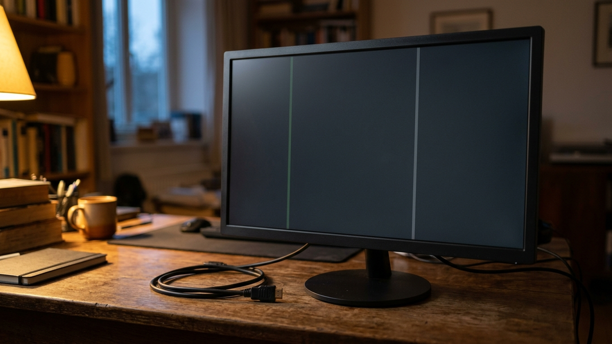 Illustration: ein schlichter Monitor ohne Logo steht abends auf einem Schreibtisch, das Bildkabel liegt abgezogen daneben, der Bildschirm ist einfarbig dunkel und von zwei schmalen senkrechten Linien durchzogen
