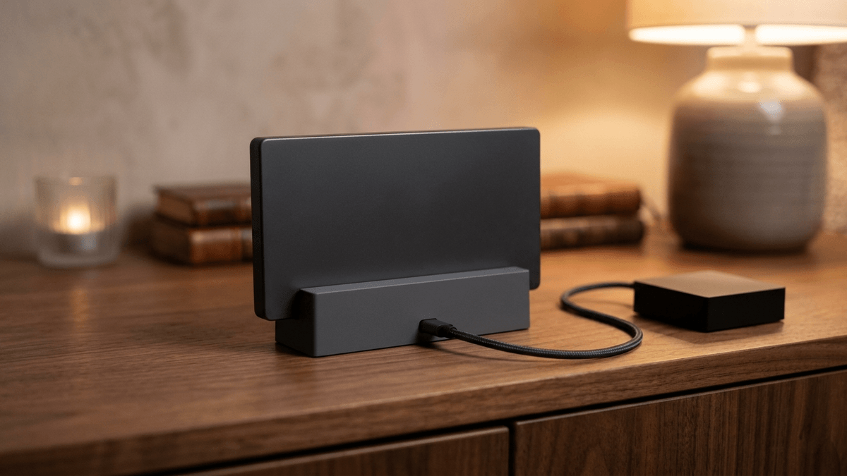 Illustration: ein Gerät in einer Dockingstation, vom Dock führt ein HDMI-Kabel zu einer kleinen Box