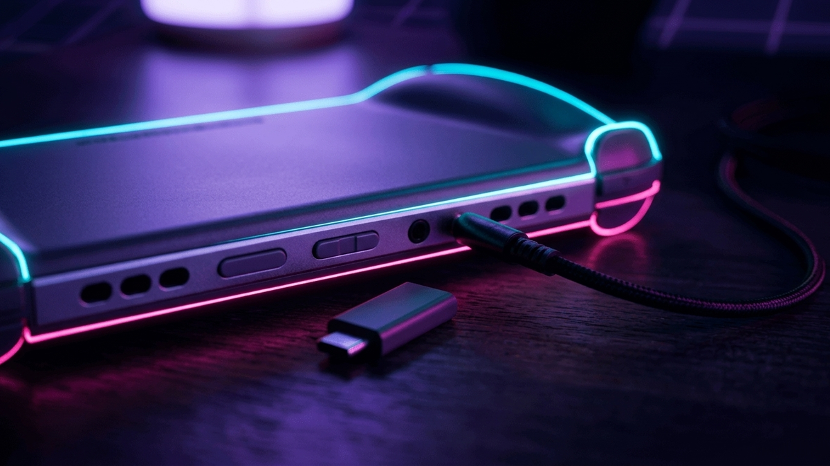 Illustration: die Oberkante einer erfundenen Handheld-Konsole mit eingestecktem Klinkenstecker, daneben ein loser kleiner USB-C-Funkempfänger auf einem dunklen Tisch, warmes Lampenlicht, keine Markenzeichen