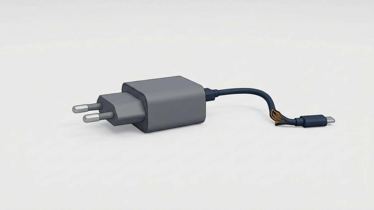 Illustration: ein schlichtes, kompaktes Steckernetzteil mit Eurostecker ohne Beschriftung liegt auf einem Tisch, sein Kabel ist kurz vor dem kleinen Stecker scharf geknickt und der Mantel ist dort eingerissen
