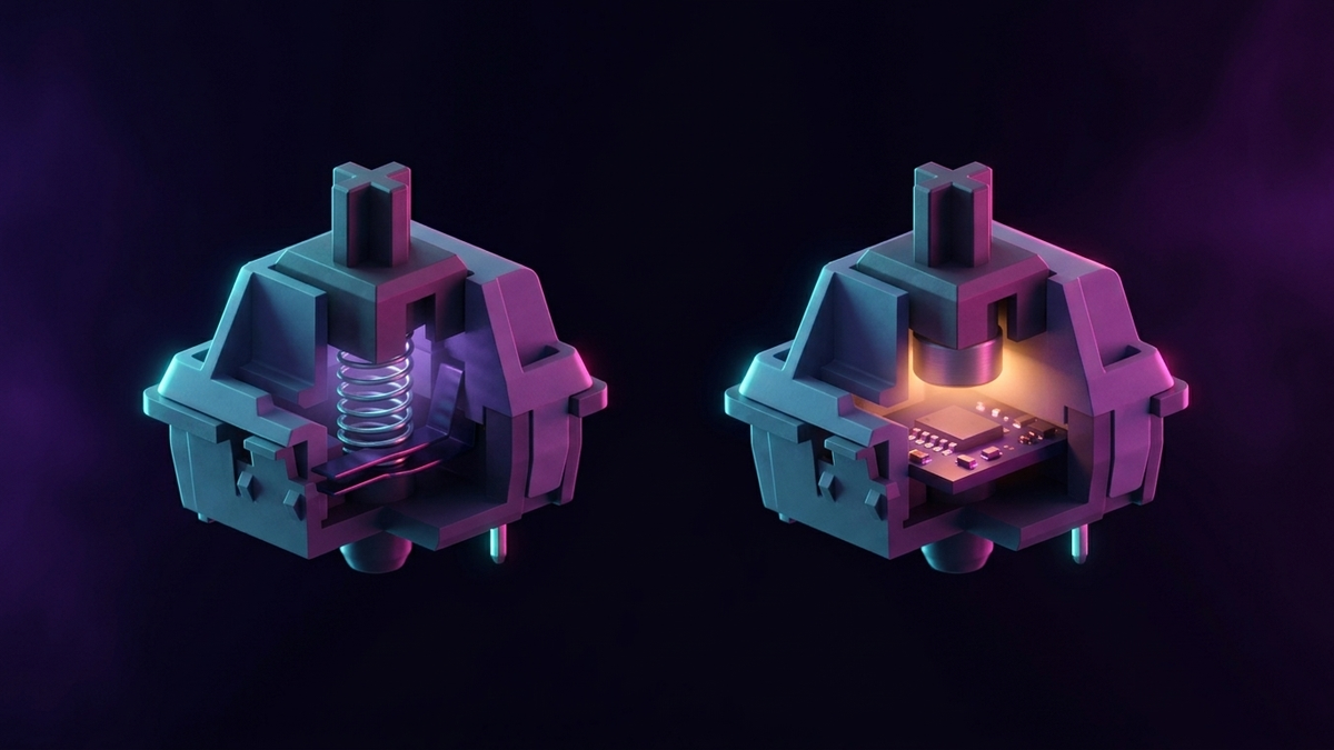 Illustration: zwei aufgeschnittene Tastaturschalter nebeneinander – links drückt der Stößel zwei Kontaktbleche zusammen, rechts sitzt ein Magnet über einem Sensor auf der Platine