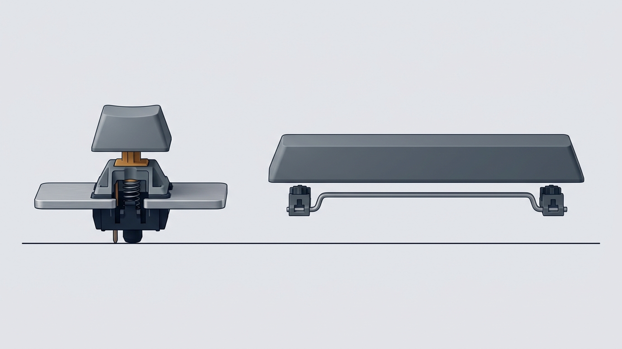 Illustration: eine einzelne mechanische Taste im Querschnitt mit Kappe, Schalter und Platte darunter, daneben eine lange Leertaste, unter der ein gebogener Drahtbügel sichtbar ist