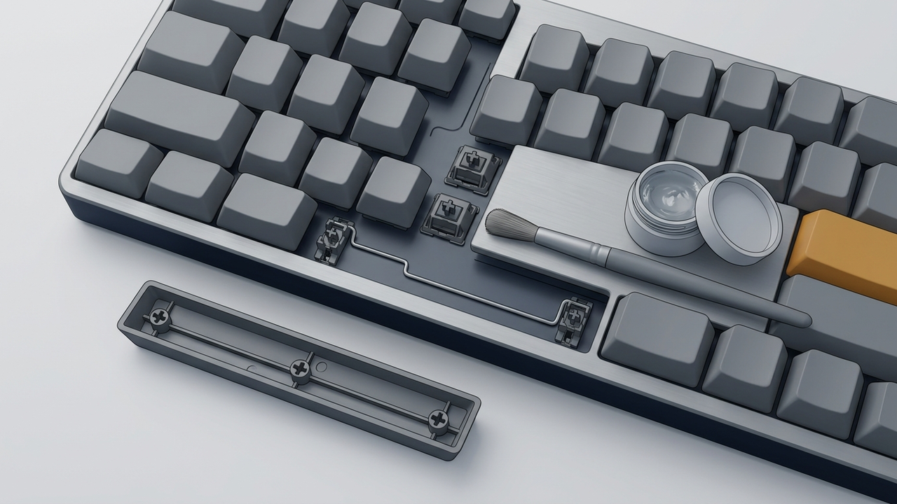 Illustration: eine geöffnete Tastatur von oben, die Leertaste ist abgenommen, darunter liegen der Drahtbügel und zwei kleine Halterungen frei, daneben ein feiner Pinsel und ein geöffneter Tiegel Fett