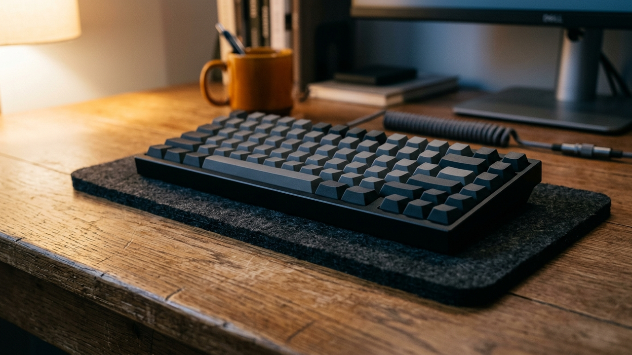 Illustration: eine Tastatur liegt flach auf einer dicken Filzmatte, ein Stück von der Tischkante entfernt, die Standfüße auf der Rückseite sind eingeklappt