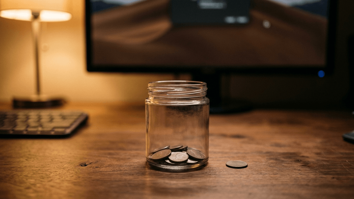 Illustration: ein Glas mit nur wenigen schlichten Münzen am Boden auf einem Schreibtisch