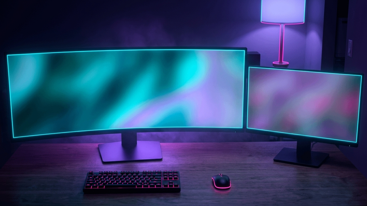 Illustration: ein gebogener Ultrawide-Monitor neben einem kleineren flachen Monitor auf einem Schreibtisch