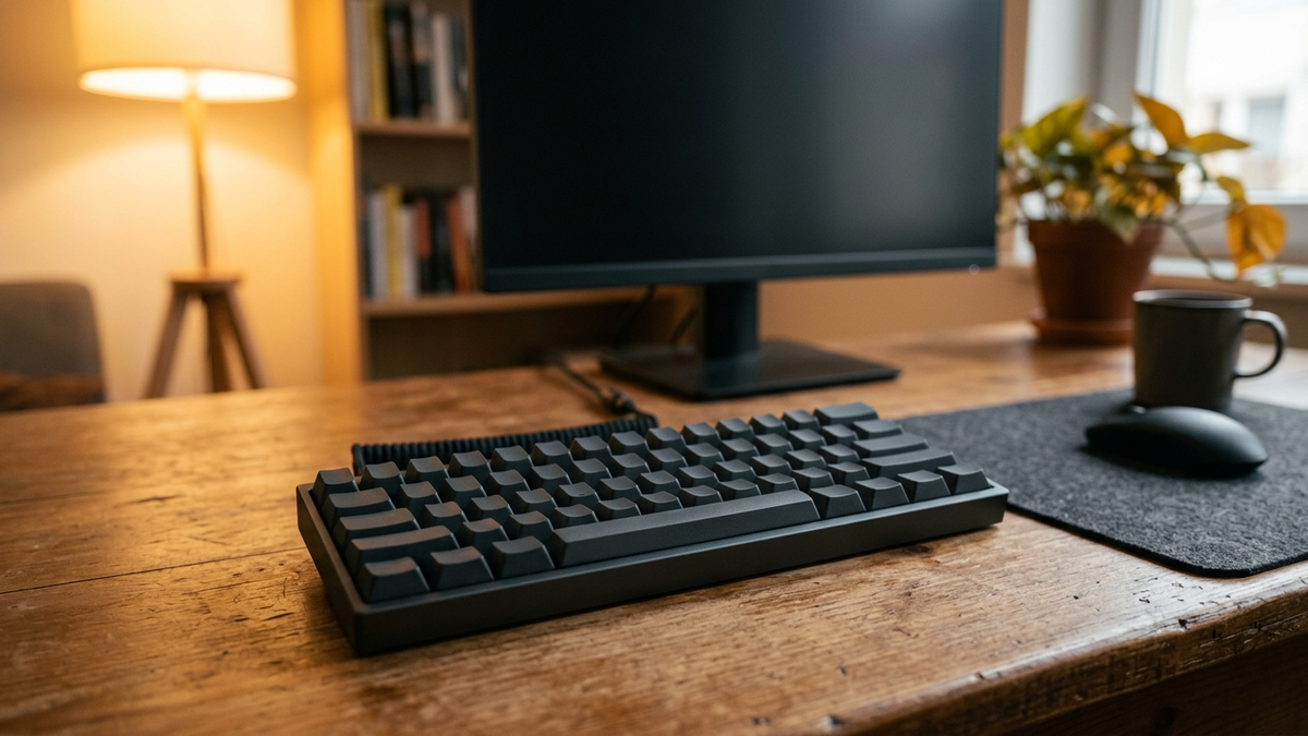 Illustration: eine kompakte Tastatur mit unbeschrifteten Tasten und breiter flacher Eingabetaste auf einem Holzschreibtisch, dahinter ein dunkler Monitor, seitlich warmes Lampenlicht