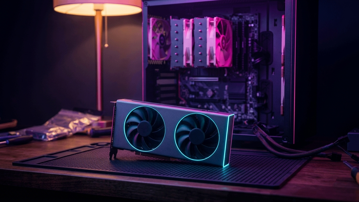 Illustration: eine Grafikkarte mit zwei Lüftern liegt auf einer dunklen Arbeitsmatte, daneben ein offenes PC-Gehäuse mit Mainboard und großem Doppelturm-Kühler