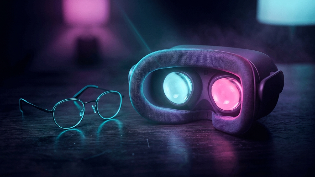 Illustration: eine erfundene VR-Brille liegt mit dem Gesichtspolster nach oben auf einem dunklen Schreibtisch, daneben eine schlichte Brille mit dünner Fassung und zwei runde Linseneinsätze, warmes Lampenlicht