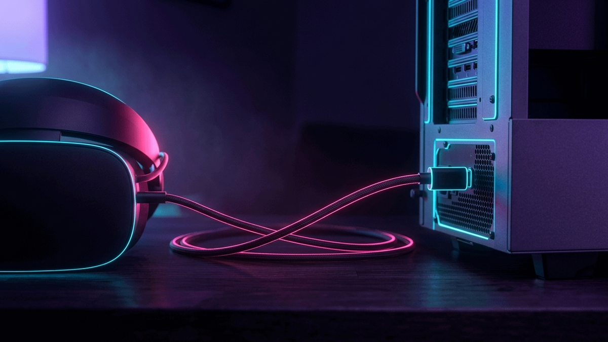 Illustration: ein Kabel läuft von einer VR-Brille über einen dunklen Schreibtisch zur Rückseite eines PC-Gehäuses
