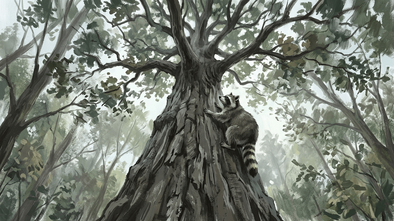Illustration: ein Waschbär klettert einen Stamm hinauf, von unten gesehen