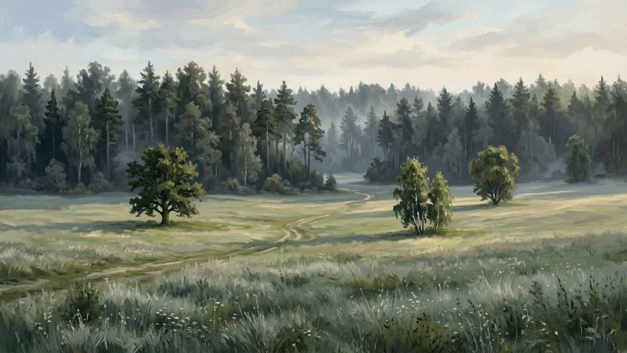 Illustration: offenes Grasland mit einzelnen Bäumen, dahinter geschlossener Wald
