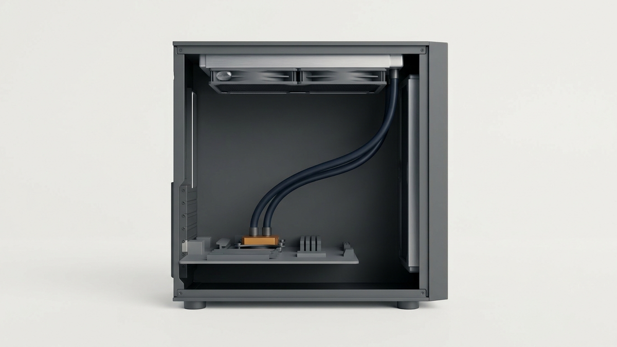 Illustration: schematischer Querschnitt durch ein Gehäuse von der Seite, ein Radiator liegt waagerecht unter dem Gehäusedeckel, zwei Schläuche führen hinab zu einem Kühlblock auf dem Mainboard