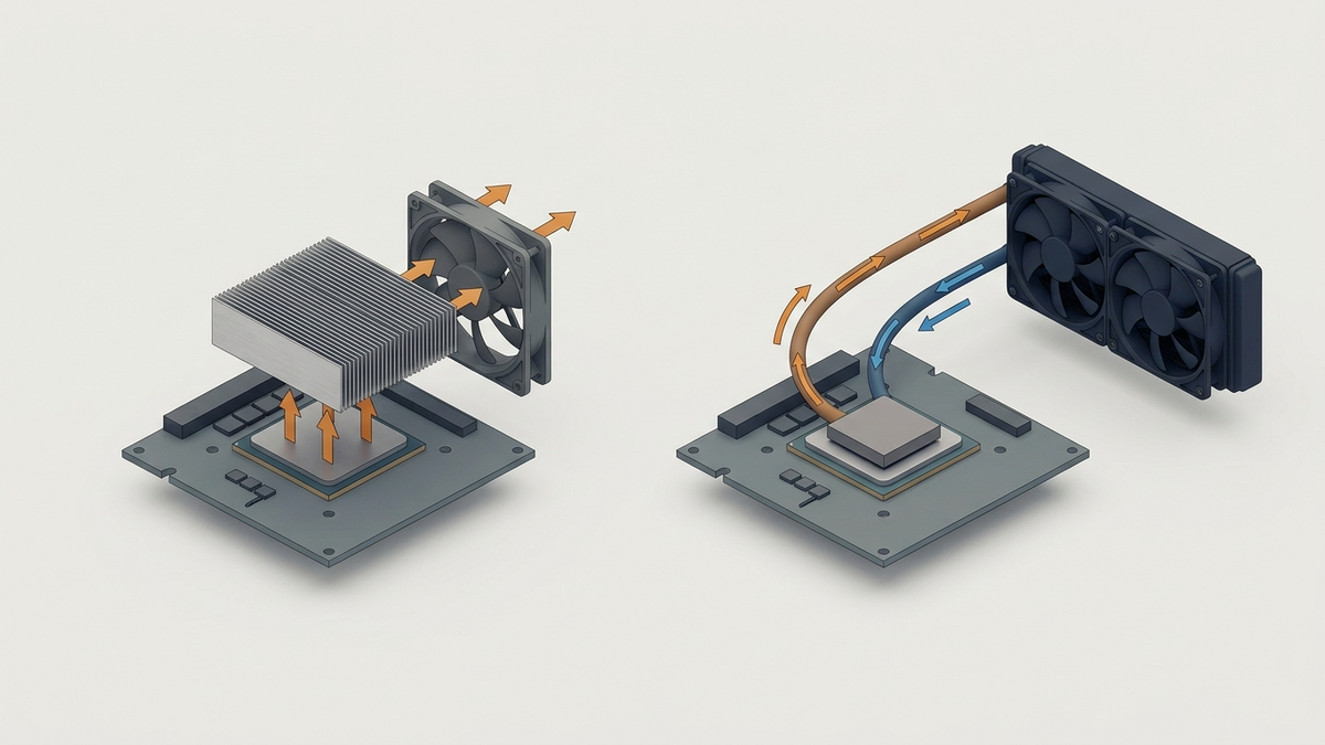 Illustration: zwei schematische Wärmewege nebeneinander, links ein Prozessor mit einem Lamellenblock direkt darüber und einem Lüfter daneben, rechts ein Prozessor mit einem flachen Block, von dem zwei Schläuche zu einem entfernten Radiator mit Lüftern führen, warme Pfeile in Orange, kühle in Blau
