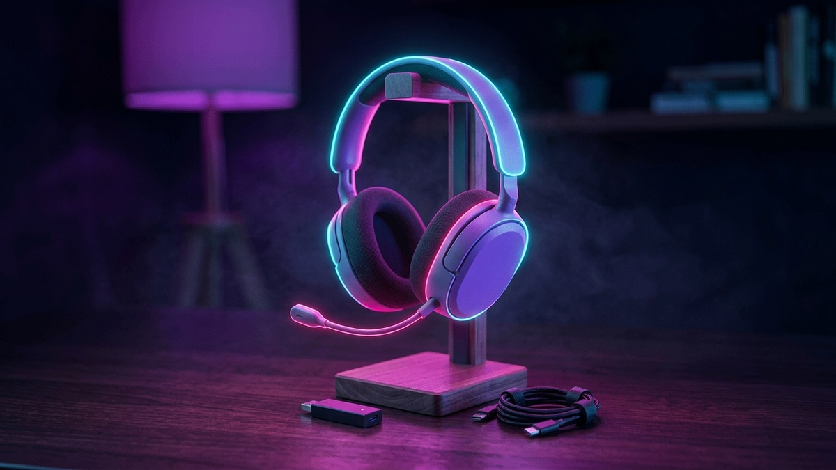 Illustration: ein erfundenes kabelloses Over-Ear-Headset hängt an einem schlichten Ständer auf einem dunklen Schreibtisch, davor ein kleiner Funkempfänger und ein kurzes Ladekabel, warmes Lampenlicht, keine Markenzeichen