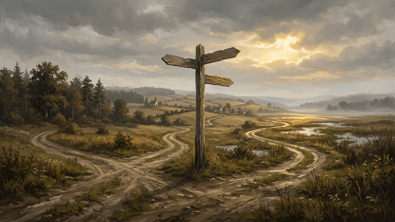 Illustration: ein Wegkreuz mit verwittertem Wegweiser, drei Pfade führen in verschiedene Richtungen