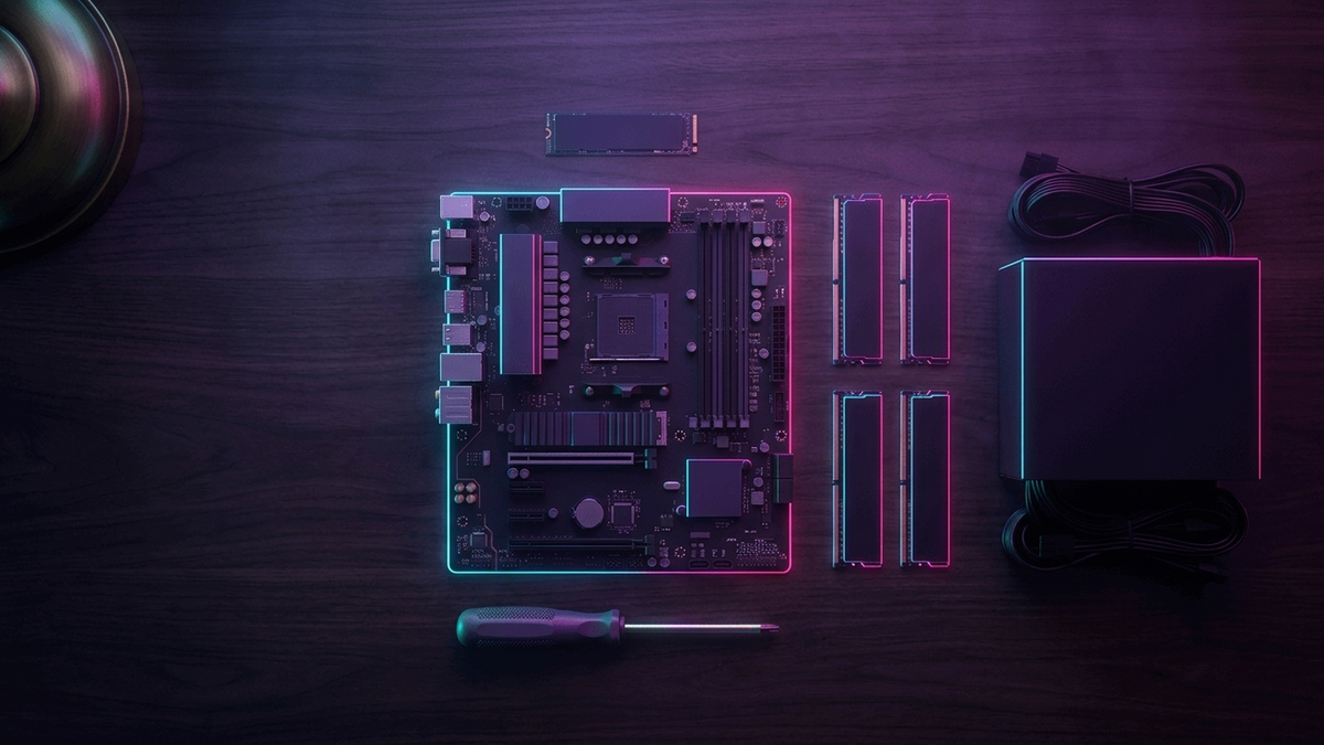 Illustration: Netzteil, Mainboard, Arbeitsspeicher, SSD und Schraubendreher geordnet auf dem Tisch