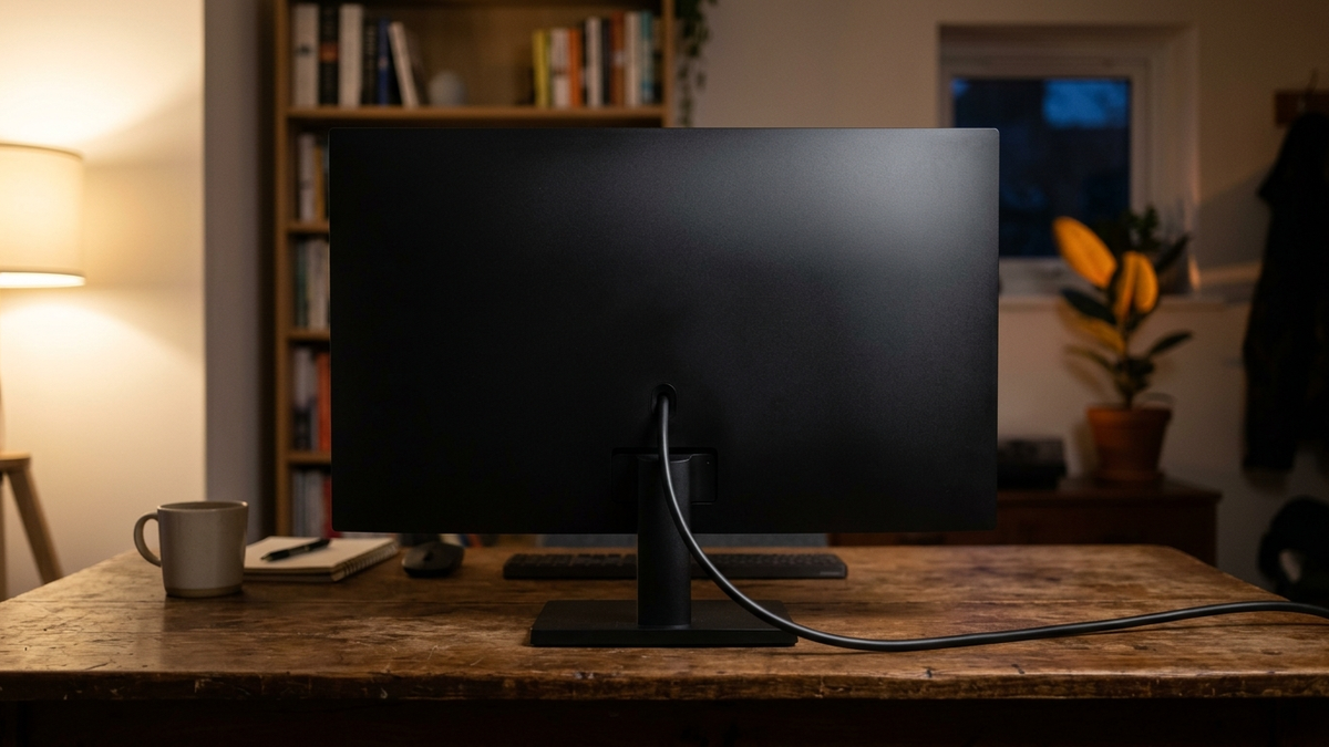 Illustration: Blick von hinten auf einen schlichten Monitor auf einem Holzschreibtisch am Abend, ein dickes schwarzes Kabel führt von der Rückseite des Monitors durch den Standfuß und über den Tisch zur Tischkante