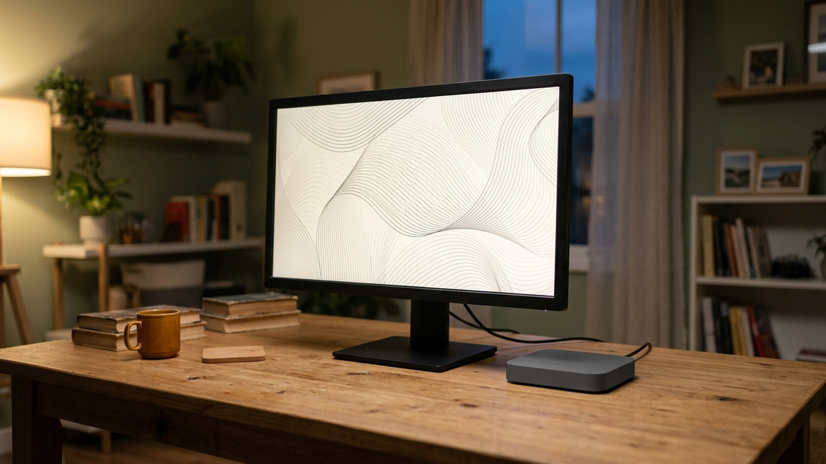 Illustration: ein schlichter Monitor ohne Aufschrift steht abends auf einem Schreibtisch, daneben eine flache graue Box, von der ein Kabel zum Monitor führt, auf dem Bildschirm feine abstrakte Linienmuster