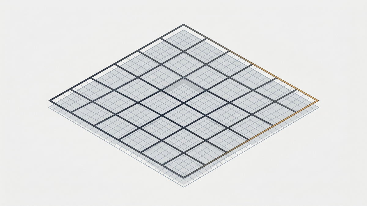Illustration: ein grobes Quadratraster liegt über einem feineren, halb durchsichtigen Quadratraster, das unter ihm leicht versetzt hervorragt