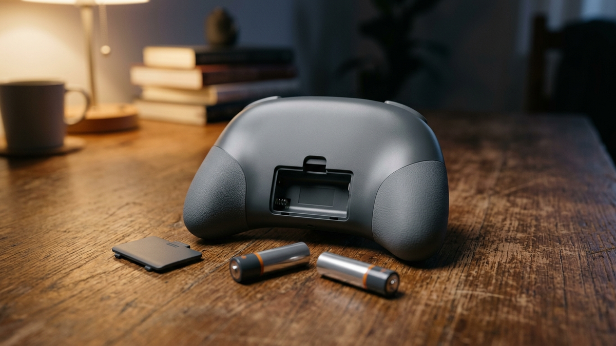 Illustration: ein Gamepad liegt mit der Rückseite nach oben auf einem Schreibtisch, der Deckel des Batteriefachs liegt daneben, zwei Rundzellen liegen lose davor