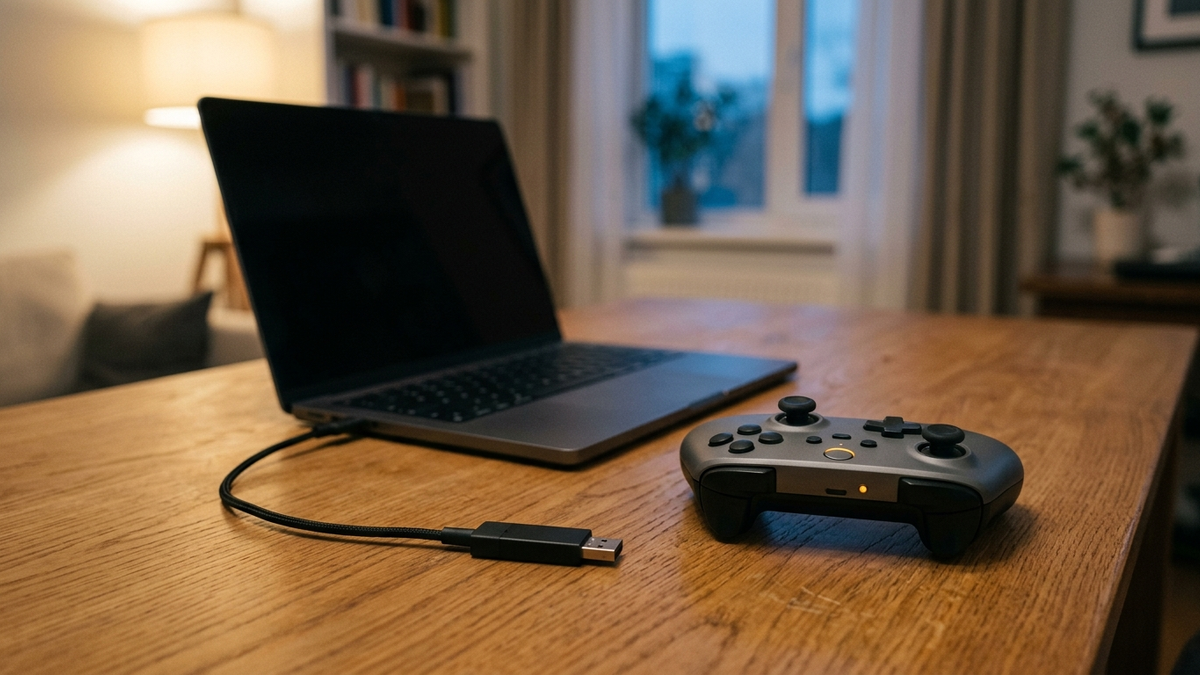 Illustration: ein kleiner Funkadapter hängt an einer kurzen USB-Verlängerung vorn auf einem Schreibtisch, dahinter ein Notebook mit dunklem Bildschirm, daneben ein Gamepad