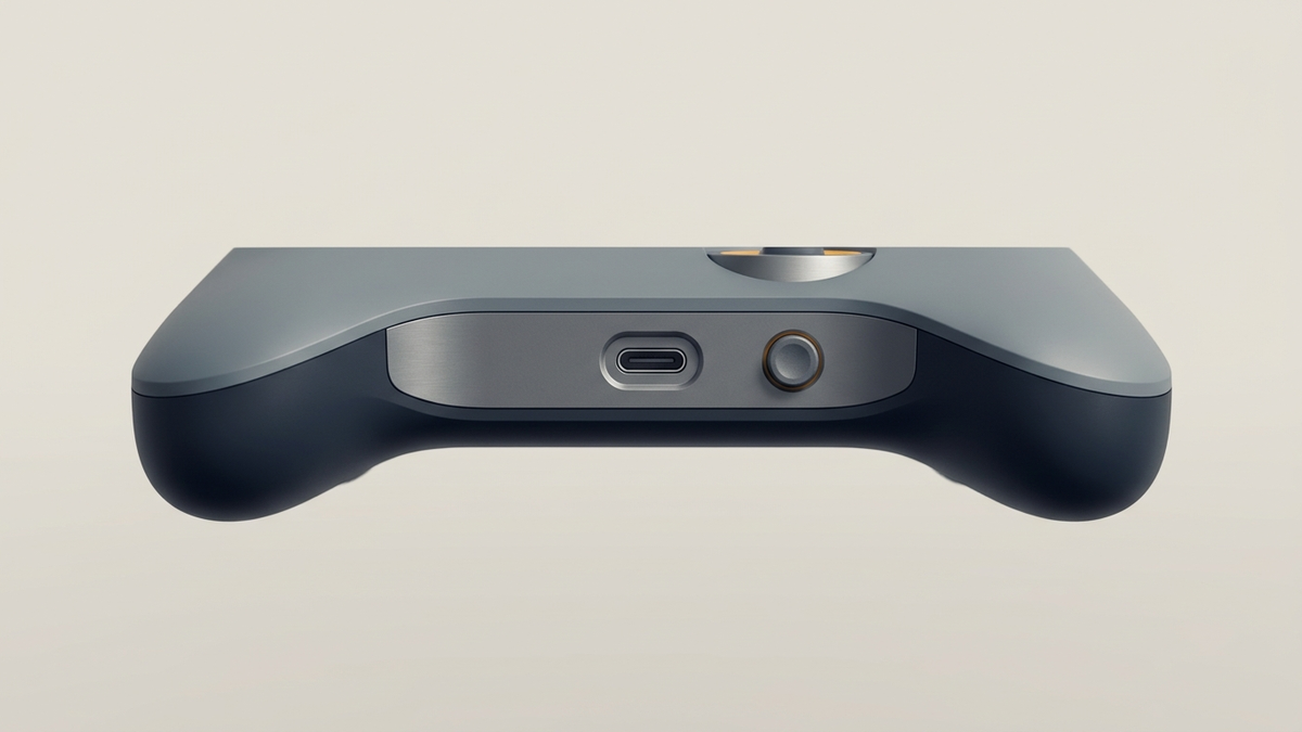Illustration: die Oberkante eines Gamepads von schräg oben, in der Mitte eine kleine ovale Buchse, daneben eine kleine, leicht erhabene runde Taste