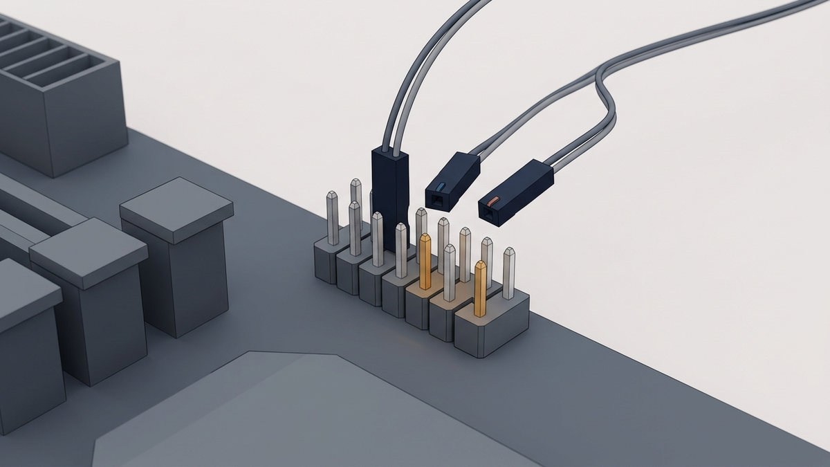 Illustration: eine kleine zweireihige Stiftleiste am Mainboardrand, zwei kleine Stecker mit farbiger Markierung auf einer Seite werden aufgesteckt, zwei passende Stifte sind hervorgehoben