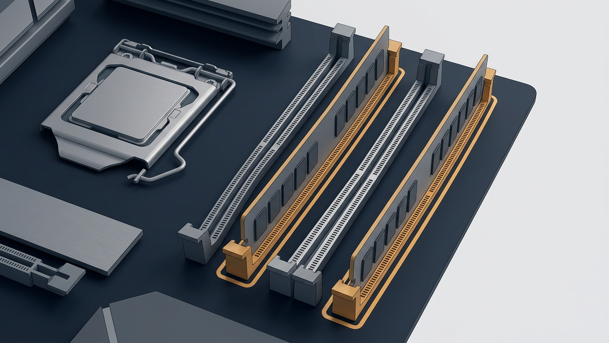 Illustration: Ausschnitt eines Mainboards mit Prozessorsockel und vier Speicherbänken, zwei Riegel stecken im zweiten und vierten Steckplatz vom Sockel aus