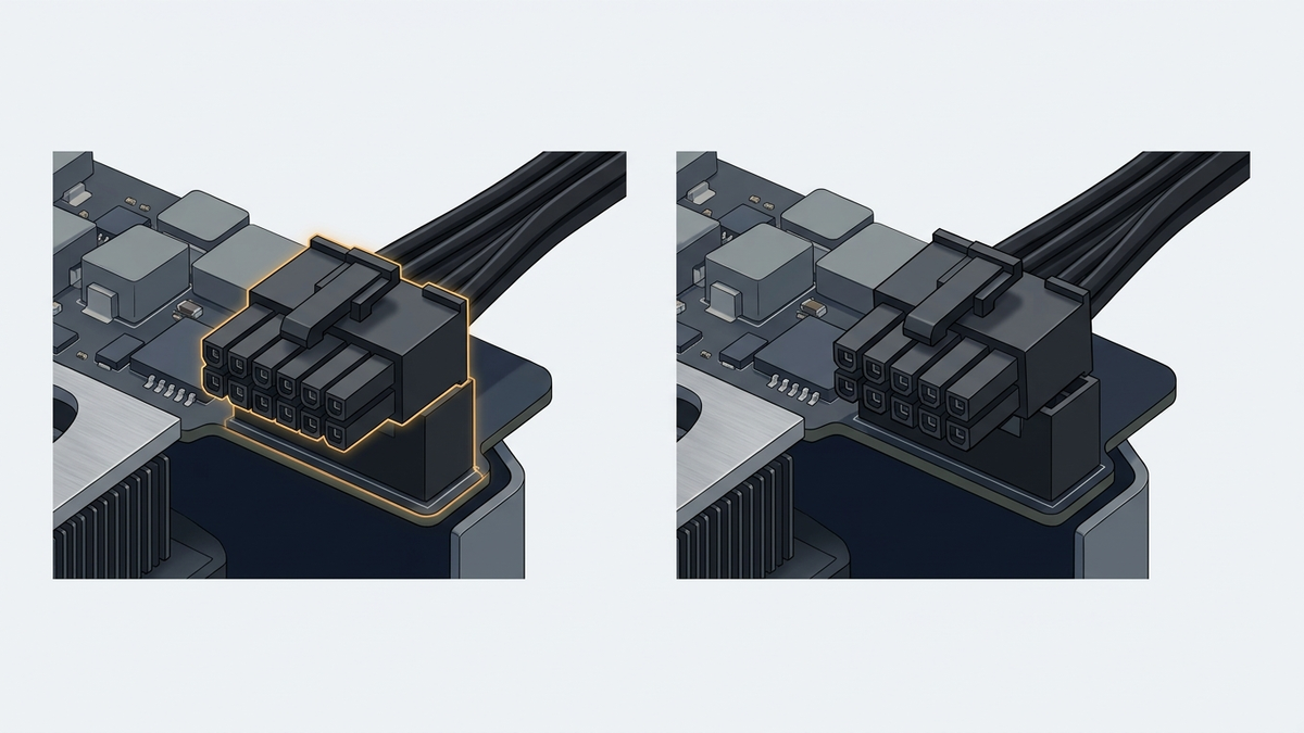 Illustration: ein Grafikkarten-Stromstecker zweimal nebeneinander – links bündig bis zum Anschlag eingesteckt und hervorgehoben, rechts mit sichtbarem Spalt