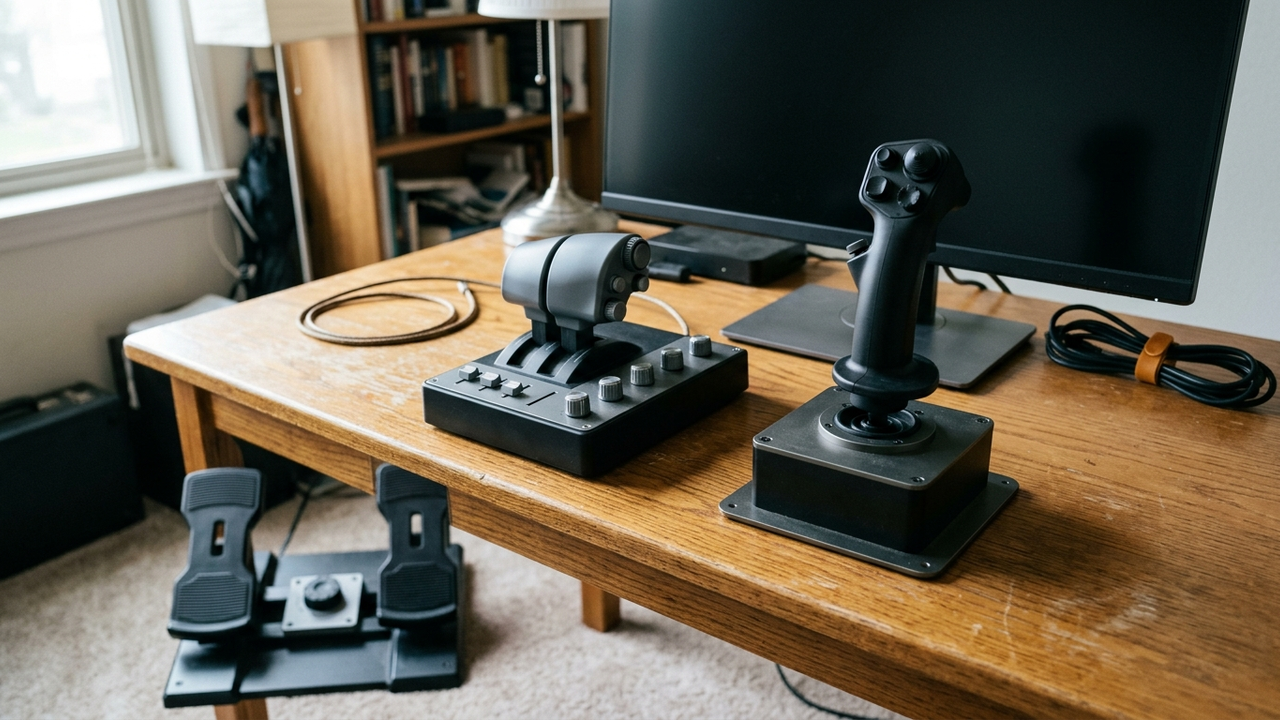 Illustration: ein erfundener Flugsimulator-Joystick mit beschwerter Basis steht rechts auf einem Schreibtisch, links daneben ein separater Schubhebel mit mehreren Reglern, davor zwei flache Pedale auf dem Boden, dahinter ein ausgeschalteter dunkler Bildschirm ohne Logo, kühles Tageslicht