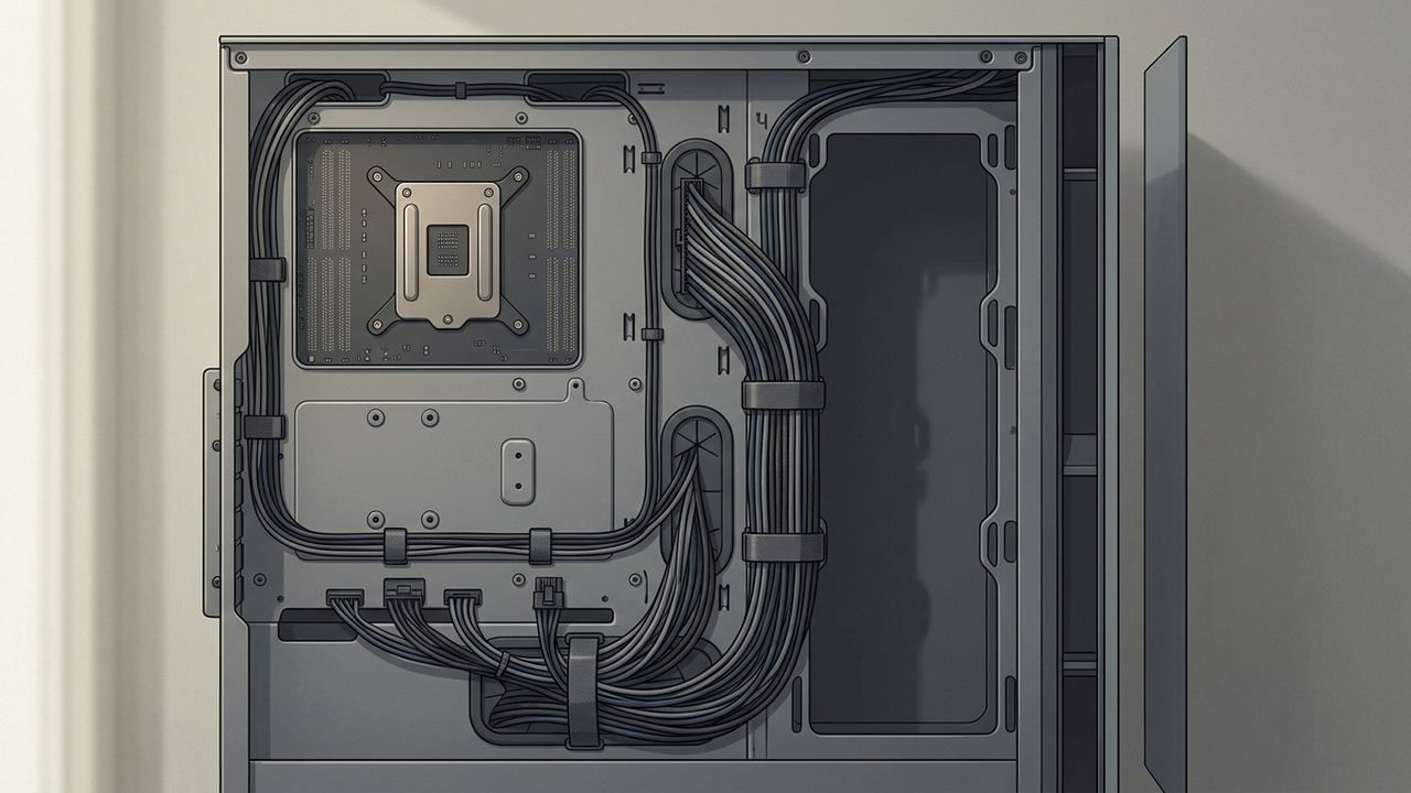 Illustration: Blick auf die Rückseite eines Mainboard-Trägers im PC-Gehäuse, in dem die Kabelstränge in Kanälen geführt und mit Klettbändern gebündelt sind