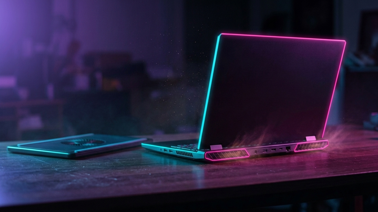 Illustration: aufgeklappter Laptop von hinten, aus den Lüftungsschlitzen treiben Staubteilchen, daneben liegt ein flacher Laptop-Kühler