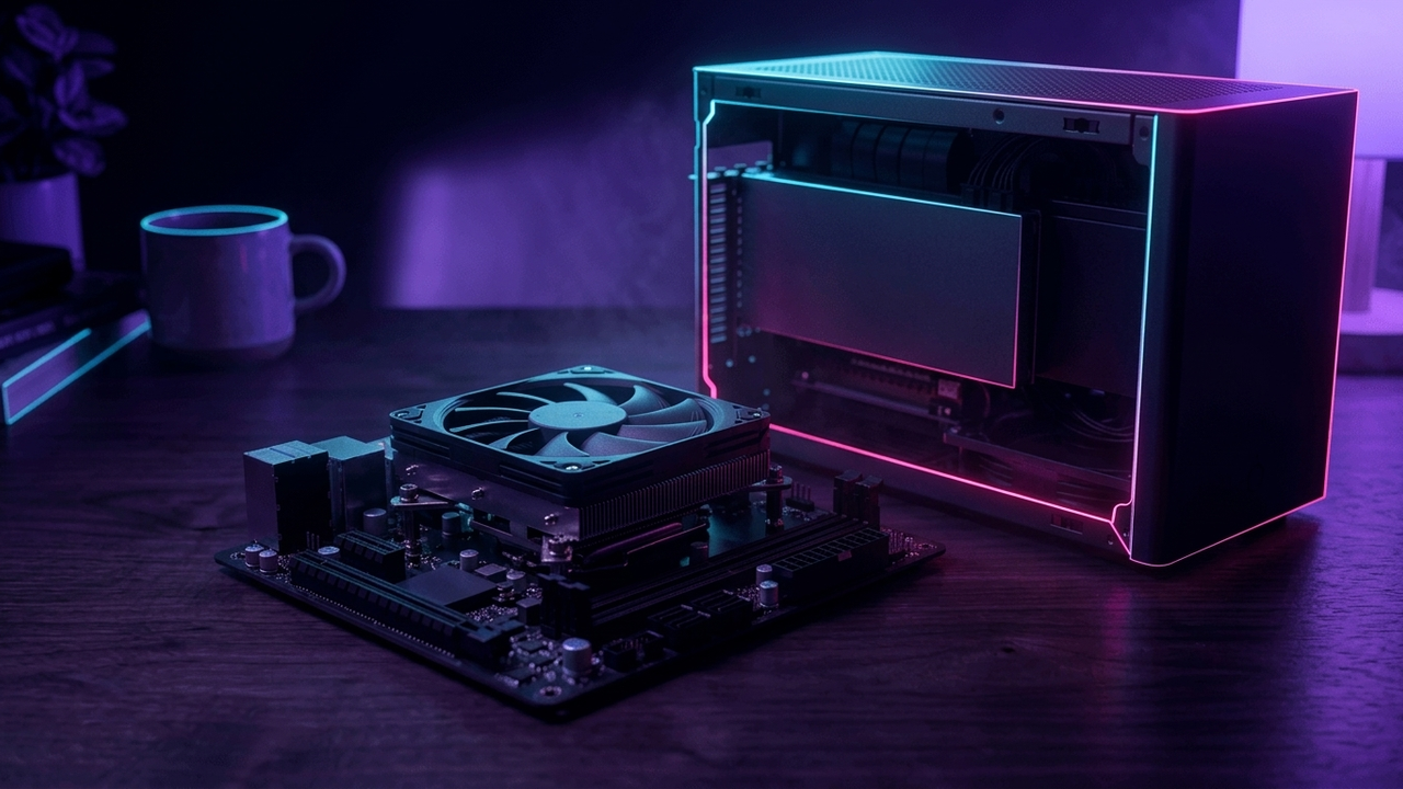 Illustration: ein sehr flacher CPU-Kühler mit waagrechtem Lüfter sitzt auf einem kleinen Mainboard neben einem kompakten PC-Gehäuse