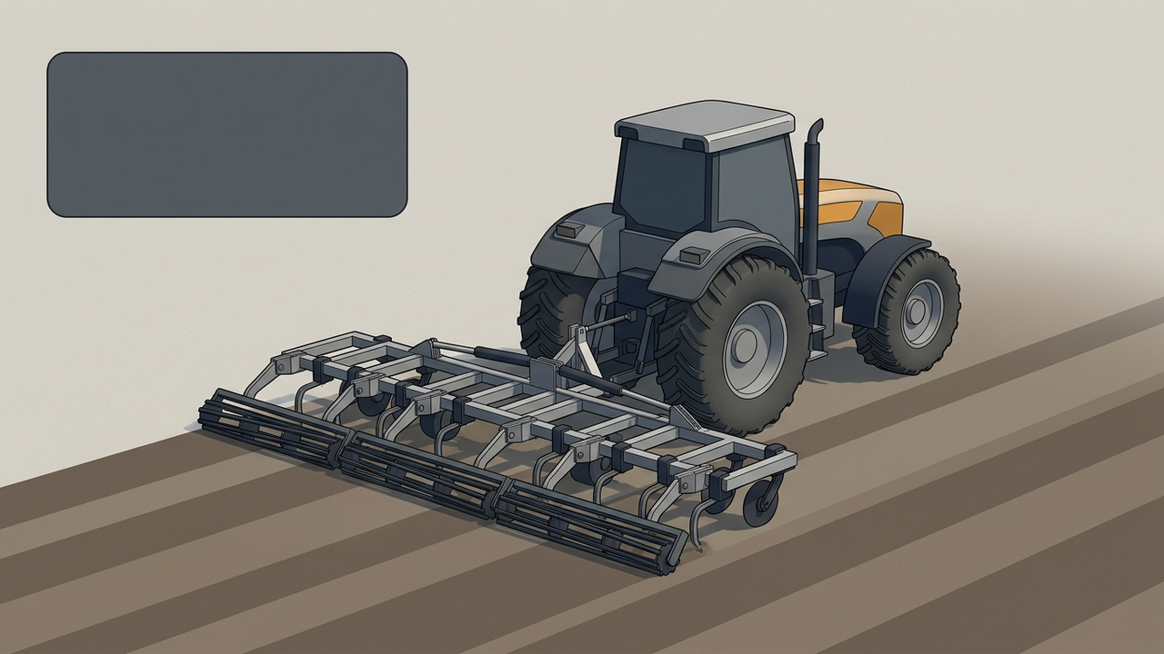 Illustration: ein Traktor mit Anhänger auf einem Acker, darüber schwebt frei ein kleines dunkles Rechteck als Platzhalter für eine eingeblendete Anzeige