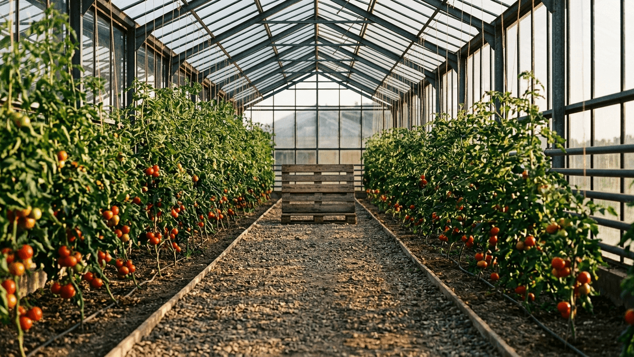 Illustration: Blick in ein Glasgewächshaus mit zwei Reihen reifer Tomatenpflanzen, am Ende des Mittelgangs eine leere Holzpalette, tief stehendes Abendlicht durch die Scheiben