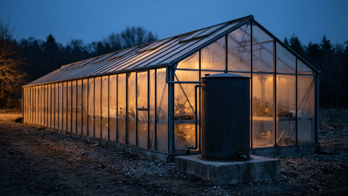 Illustration: ein langes Glasgewächshaus mit beschlagenen Scheiben in der Abenddämmerung, davor ein einzelner runder Wassertank aus dunklem Metall auf einem Betonsockel, warmes Licht von innen