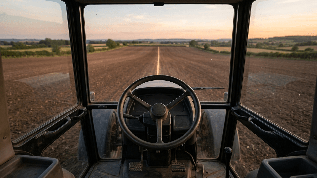 Illustration: ein schlichtes, unbeschriftetes Lenkrad eines Traktors von oben, dahinter durch die Frontscheibe ein weites Feld mit einer einzelnen geraden, schwach leuchtenden Linie bis zum Horizont, Abendlicht
