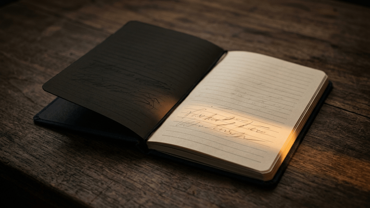 Illustration: ein aufgeschlagenes dunkles Notizbuch auf einem Holztisch, die letzten Zeilen einer Seite sind mit einem schmalen Streifen warmen Lichts hervorgehoben, der Rest liegt im Halbdunkel, auf der Seite nur unleserliche Schriftzüge