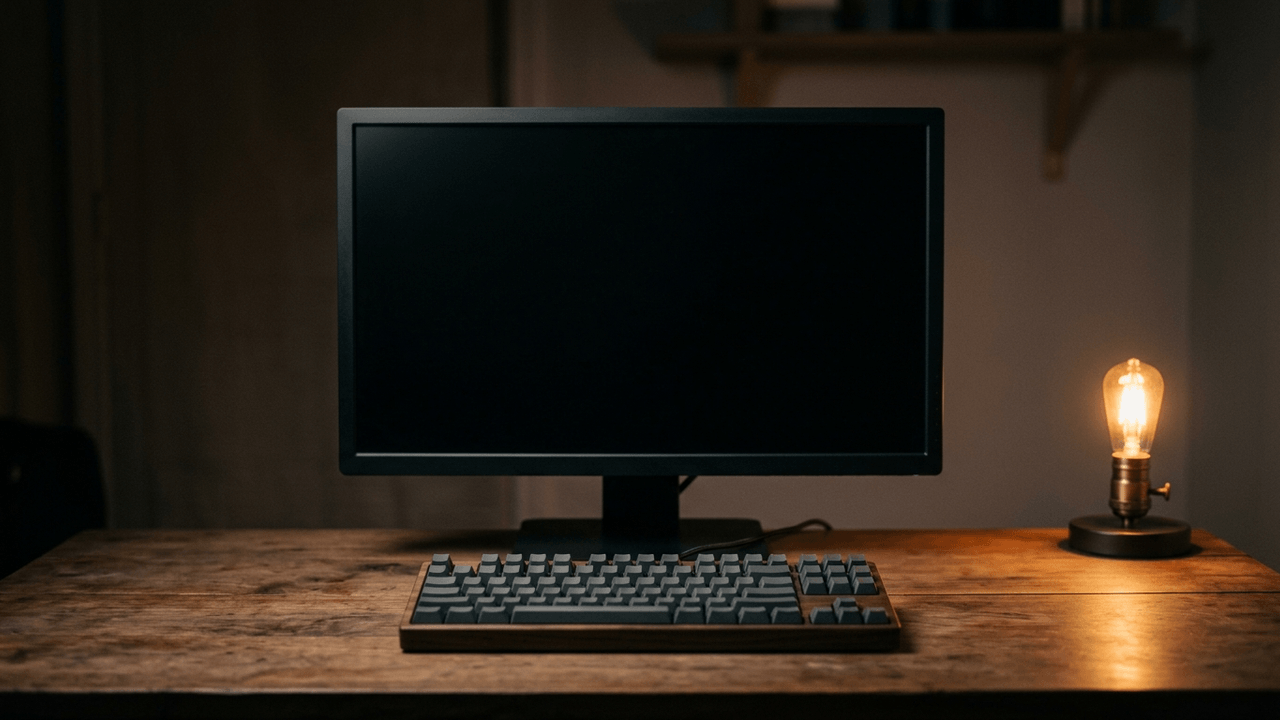 Illustration: ein dunkler, ausgeschalteter Monitor auf einem Schreibtisch in einem dämmrigen Raum, davor eine Tastatur mit leeren Tasten, daneben eine kleine Lampe mit warm leuchtender Glühbirne, sonst nichts
