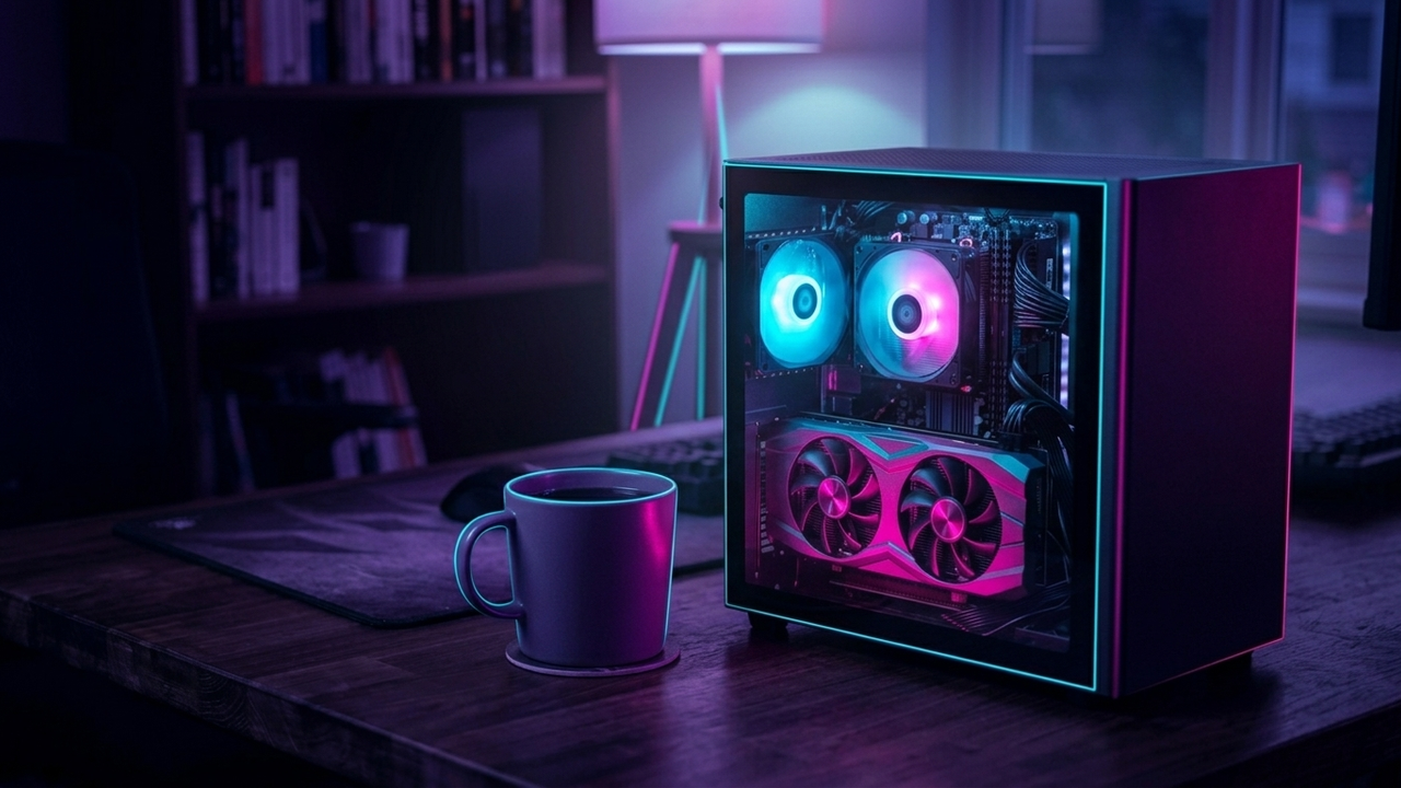 Illustration: ein kleines würfelförmiges PC-Gehäuse mit Glasseite auf einem Schreibtisch, darin dicht gepackt Mainboard, CPU-Kühler mit zwei Lüftern und eine kurze Grafikkarte, daneben eine Kaffeetasse