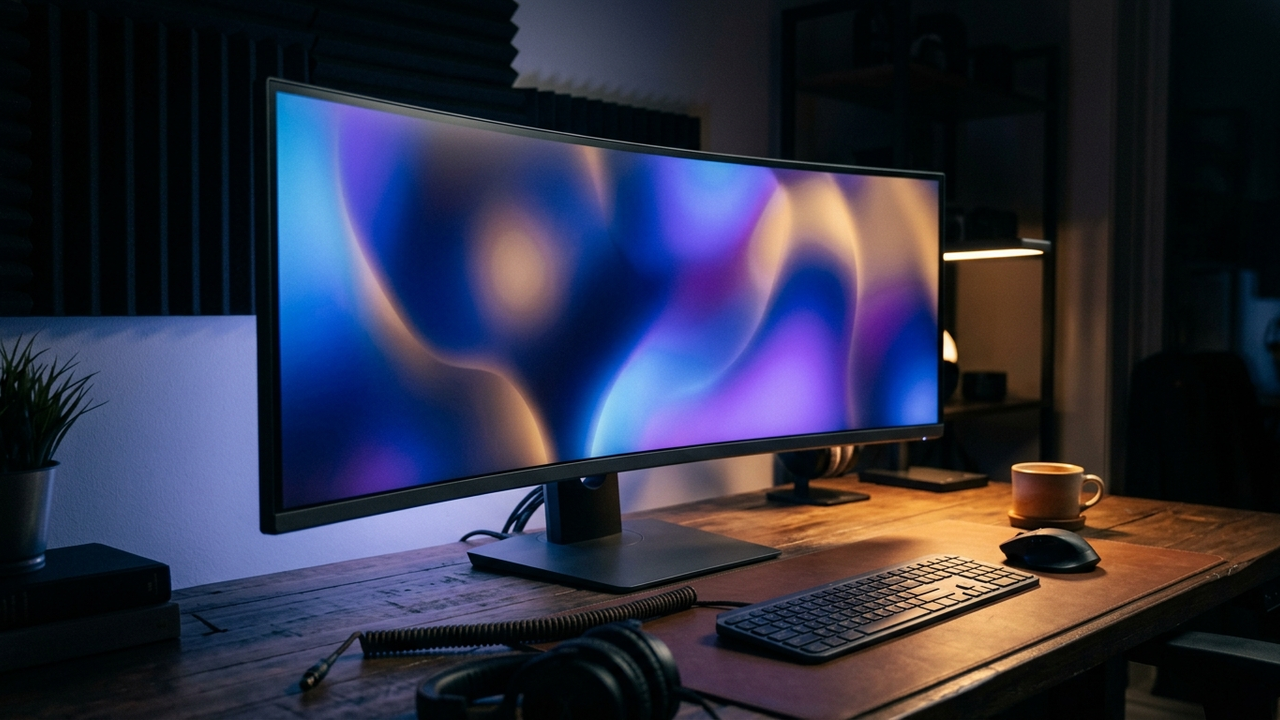 Illustration: ein gebogener Ultrawide-Monitor auf einem dunklen Schreibtisch, unbeschriftetes Gehäuse, der Bildschirm zeigt abstrakte blau-violette Farbverläufe statt eines echten Spielbilds, warmes Licht auf der einen, kühles Bildschirmlicht auf der anderen Seite
