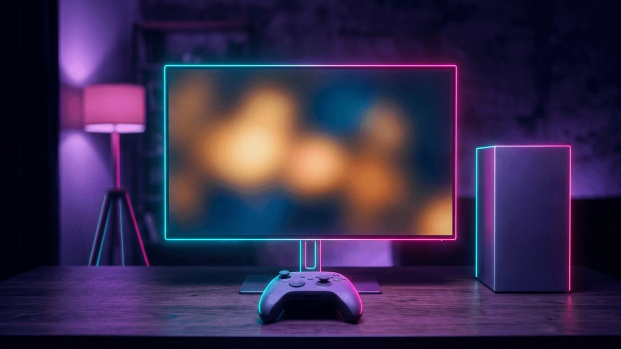 Illustration: ein flacher Gaming-Monitor auf einem dunklen Schreibtisch, davor ein Gamepad, daneben eine schlichte Spielkonsole im Abendlicht