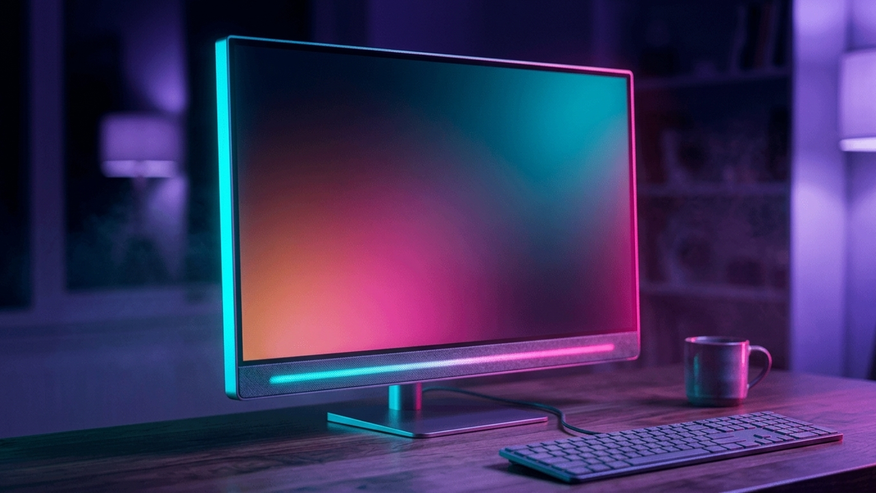 Illustration: ein 27-Zoll-Monitor mit schmalem Rahmen und einem Stoff-Lautsprecherstreifen an der Unterkante steht auf einem dunklen Holzschreibtisch, daneben unscharf eine Tasse und eine Tastatur