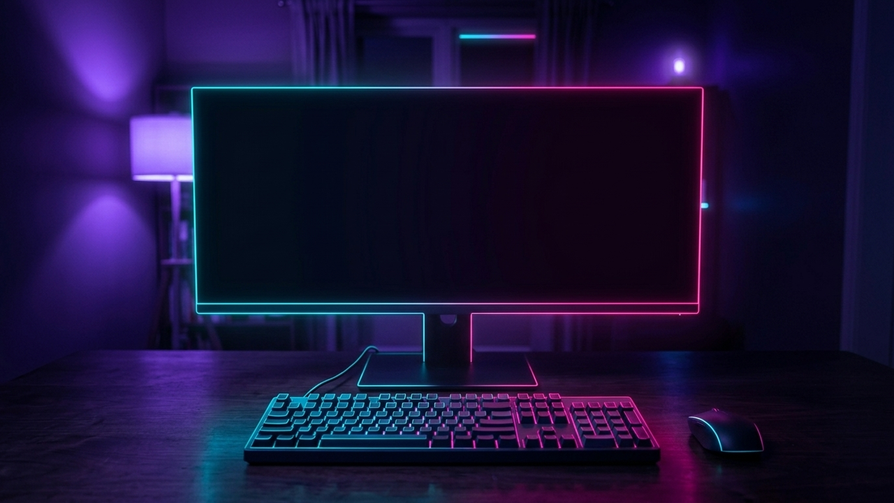 Illustration: ein dunkler Monitor mit leuchtendem Rahmen auf einem Schreibtisch, davor Tastatur und Maus, violettes Licht